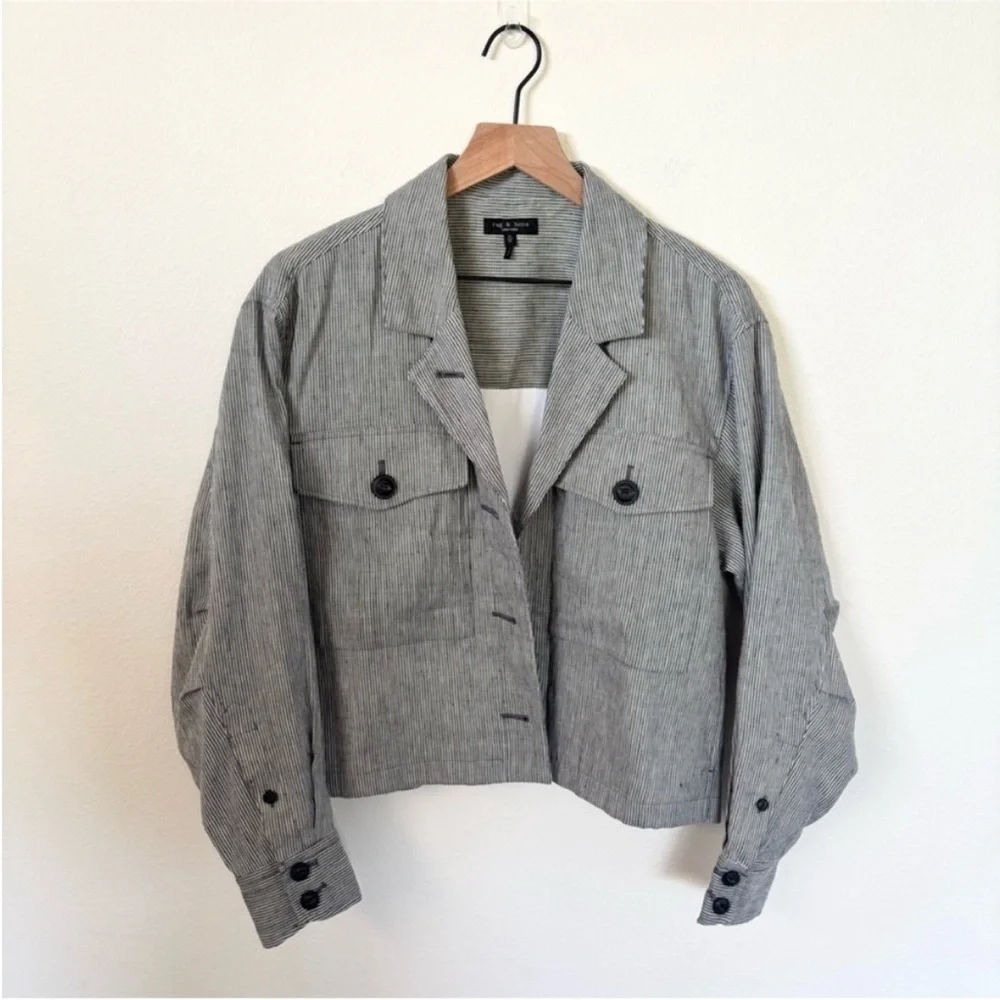 Rag and Bone Designer Jacket Cropped Striped Jessie Coat Linen Gray Size Medium - Picture 6 of 14